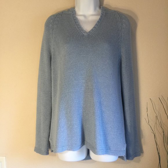 Moda International Vintage Baby Blue Hooded Pullover Ramie Cotton Sweater Size S - Picture 1 of 12